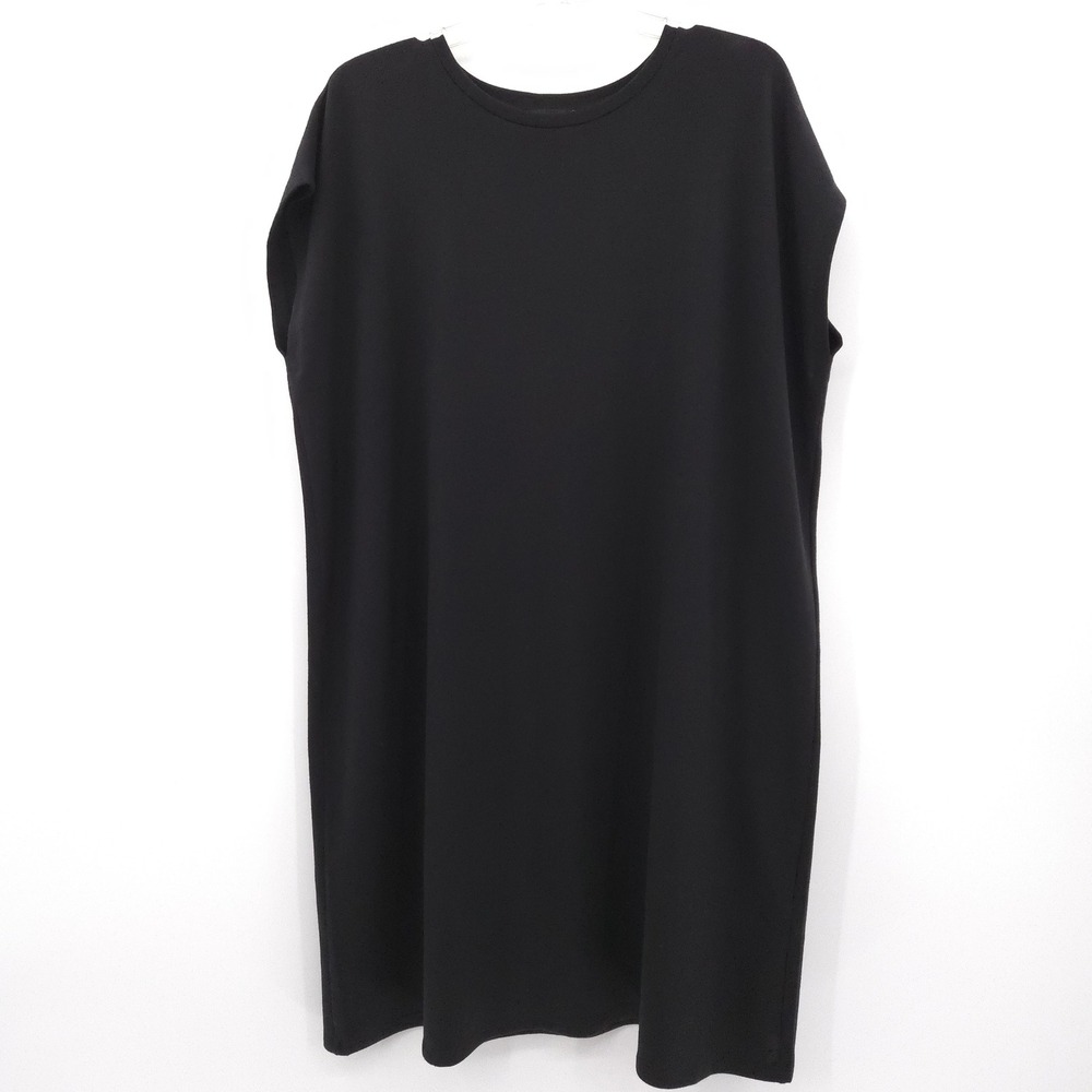 Eileen Fisher Cozy Brushed Terry Hug Shift Dress Womens Large Black Cap Sleeve
